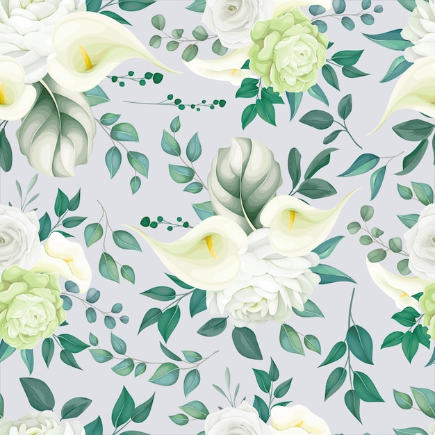 Vector beautiful floral seamless pattern white lily and rose