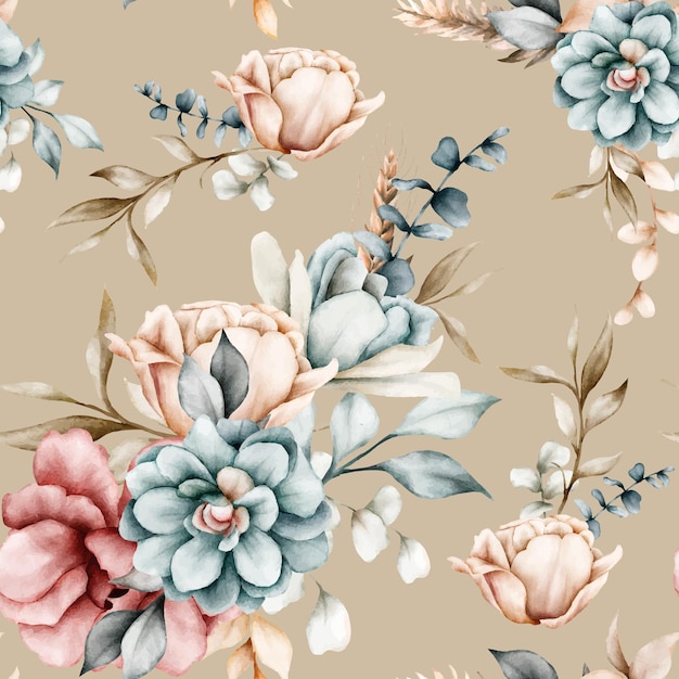 beautiful floral seamless pattern with vintage watercolor flower and leaves