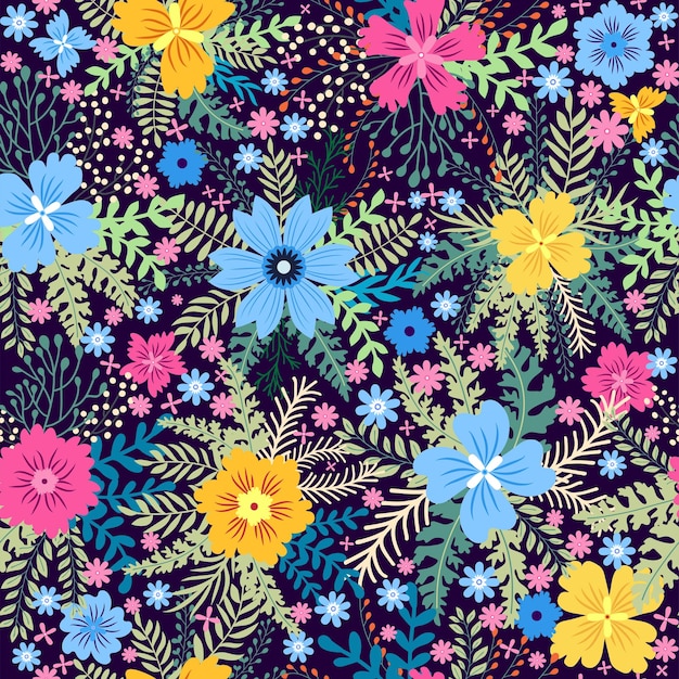 밝은 파란색 보라색 배경에 노란색 꽃 숲 잔디 잎과 아름다운 꽃 원활한 패턴 야생 꽃 완벽한 템플릿