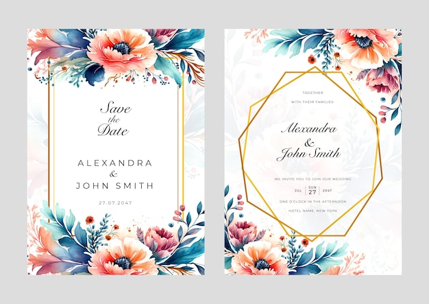 beautiful floral watercolor wedding invitation card set