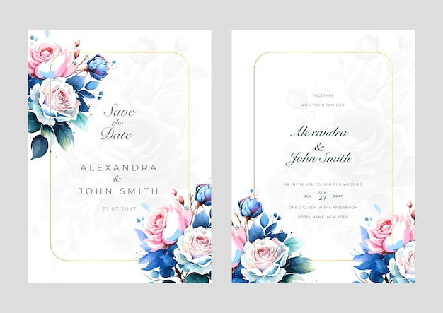 美しい花の水彩画の結婚式の招待カード セット