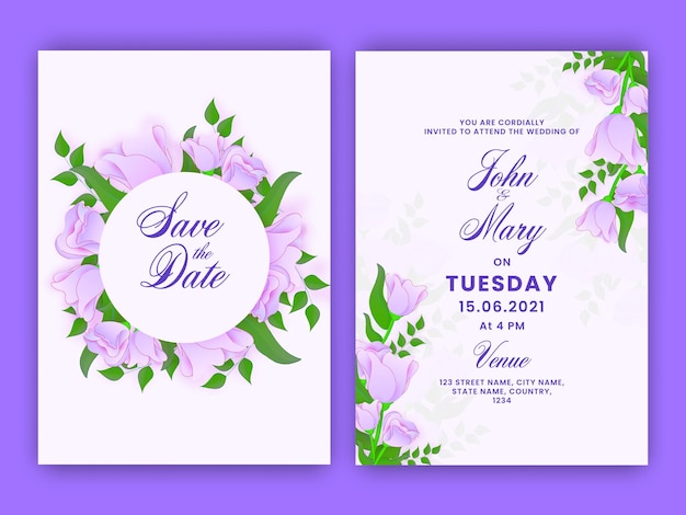 Beautiful floral wedding card template in front and back view