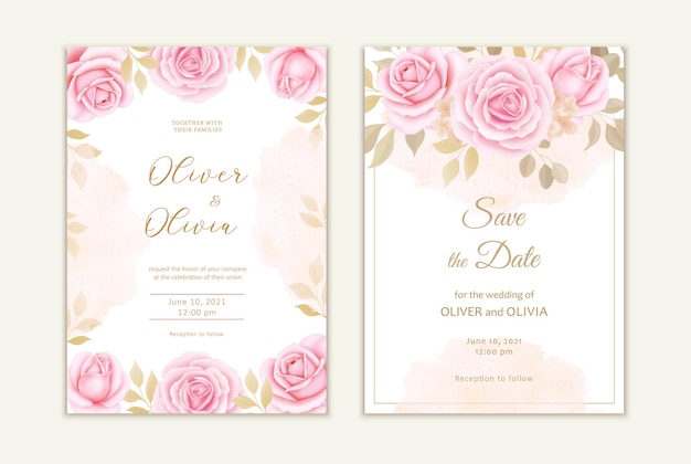 Bellissimo modello di invito a nozze floreale eleganti carte di rose vettoriali