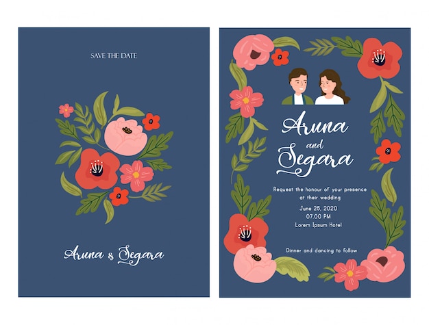 Beautiful floral wedding invitation card template with couple bride and groom illustration on blue