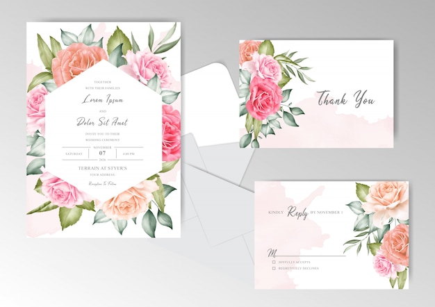 クリーミーな水彩画と美しい花の結婚式の招待カード