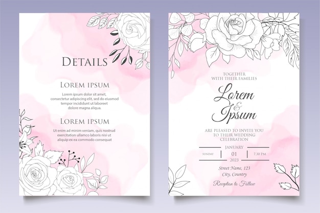 Beautiful floral wedding invitation template with hand drawn style