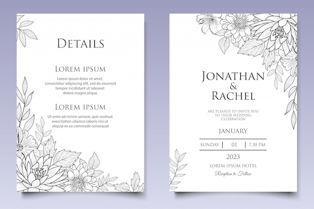 Beautiful floral wedding invitation template with lineart style