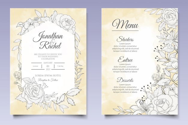 Beautiful floral wedding invitation template with lineart style