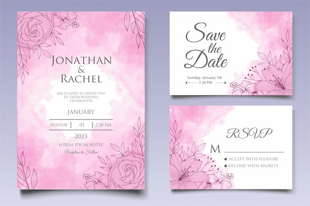 Beautiful floral wedding invitation template with lineart style