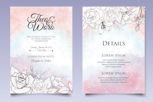 beautiful floral wedding invitation template with lineart style