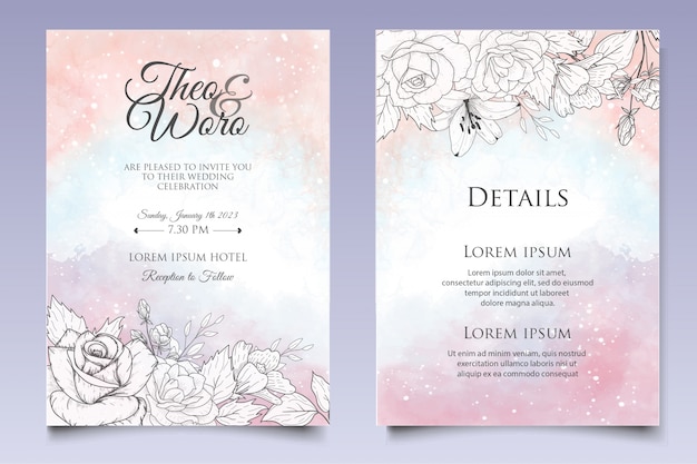 Beautiful floral wedding invitation template with lineart style