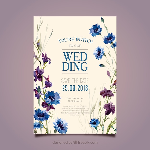 Beautiful floral wedding invitation in watercolor style
