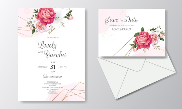 Beautiful floral wedding invitation with blooming roses and green leaves