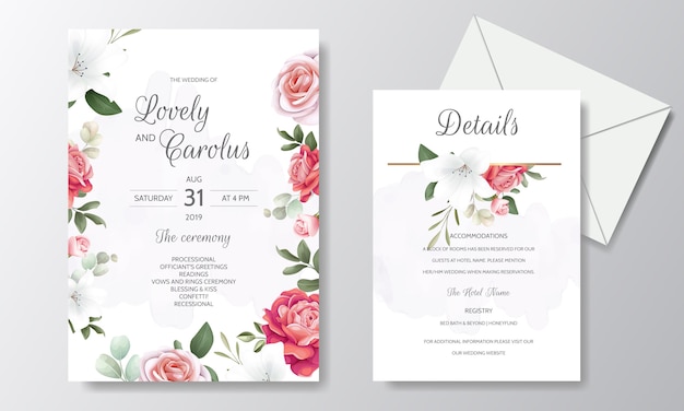 beautiful floral wedding invitation with blooming roses and green leaves