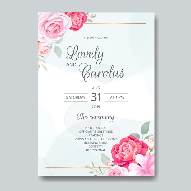 Beautiful floral wedding invitation with blooming roses and green leaves