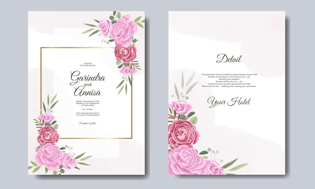 Beautiful floral wreath wedding invitation card template with golden frame