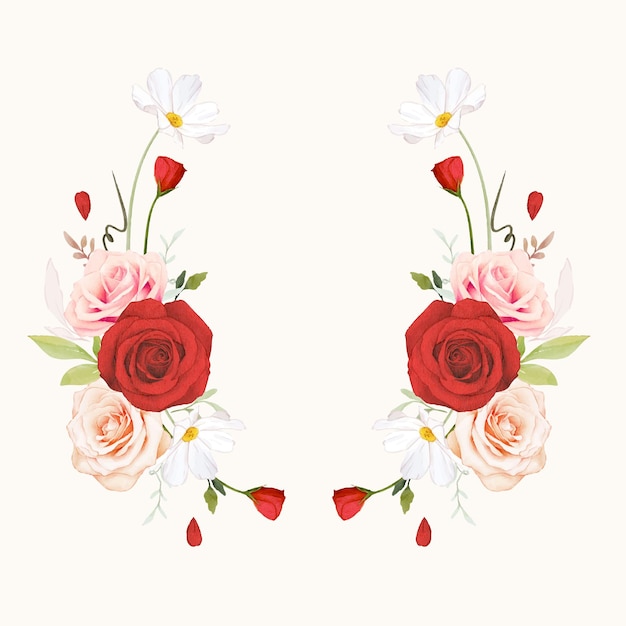 Vector beautiful floral wreath with watercolor pink and red roses