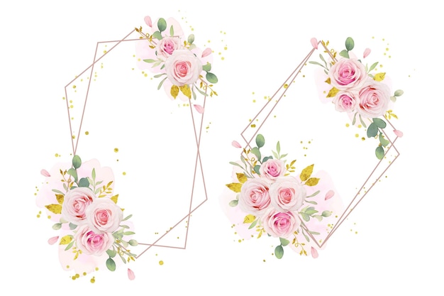 Vector beautiful floral wreath with watercolor pink roses and gold ornament