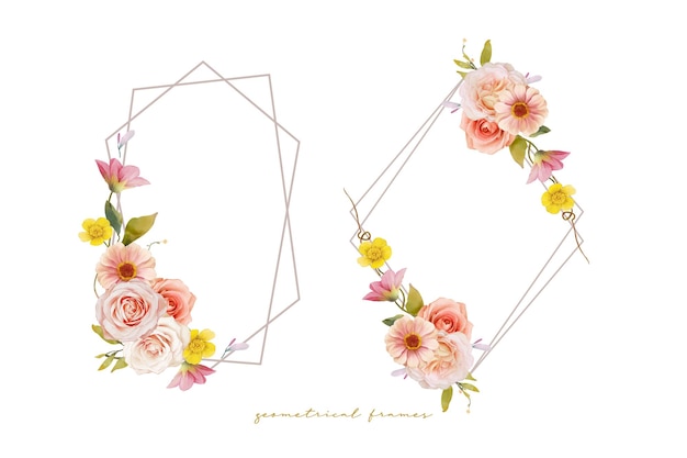 Vector beautiful floral wreath with watercolor roses and zinnia