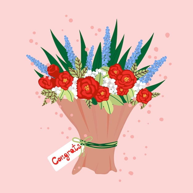 Vettore bellissimo bouquet di fiori congratulazioni banner modello di biglietto di auguri con mazzo di fiori congratulazioni