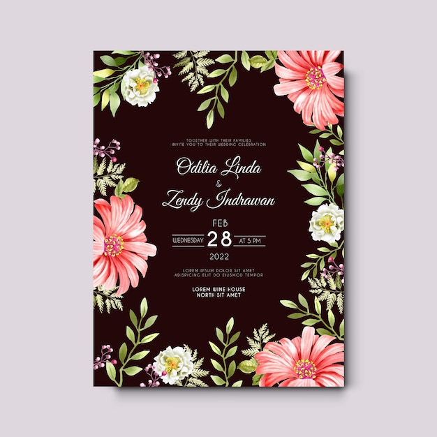 Beautiful flower and leaves watercolor wedding invitation card