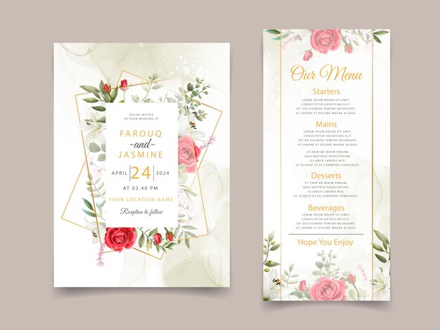 Beautiful flower and leaves wedding invitation template