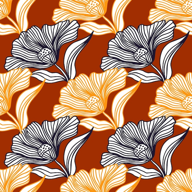 Beautiful flower line seamless pattern ornament Floral vintage outline endless background Retro style