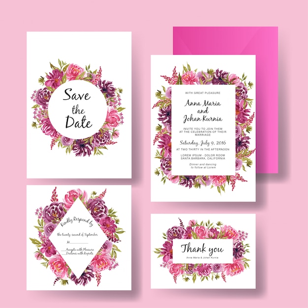 Beautiful flower pink and purple watercolor frame wedding invitation card template