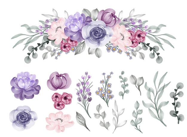 Vector beautiful flower pink violet watercolor isolated clip art
