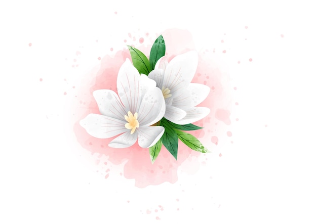 Vector beautiful flower with brunch in watercolors style on pink color and white background