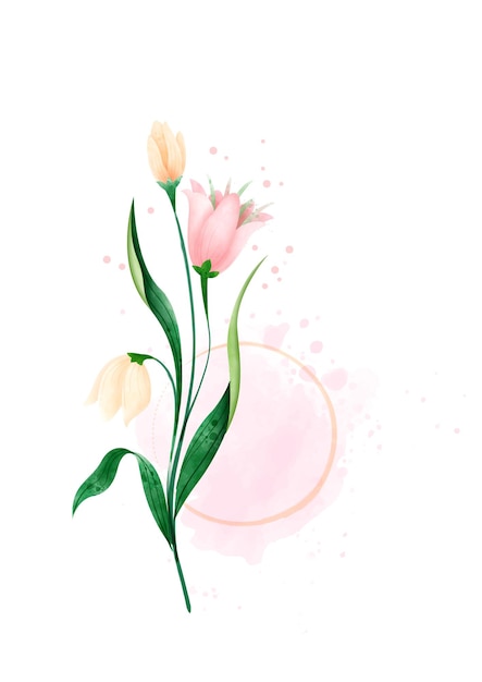 Beautiful flower with brunch in watercolors style on pink color and white background