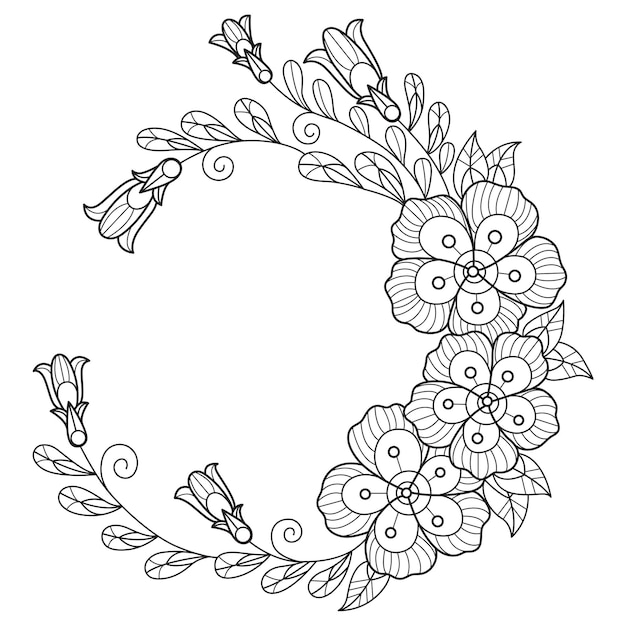 Beautiful flower wreath hand drawn for adult coloring book