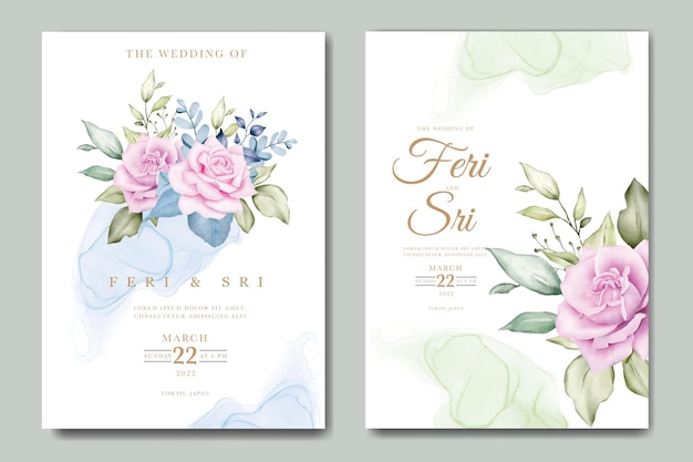 美しい花と葉の水彩結婚式の招待カードテンプレート