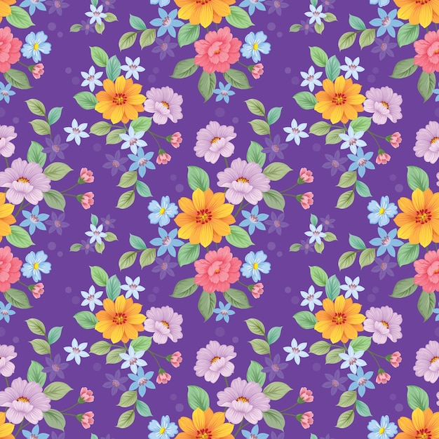 Beautiful flowers design on purple color background seamless pattern for fabric textile wallpaper