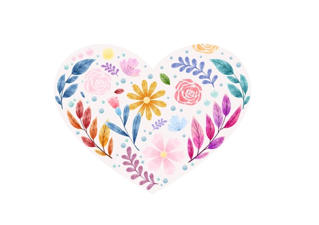 Beautiful flowers in drawing a heart shape and watercolors style on white background