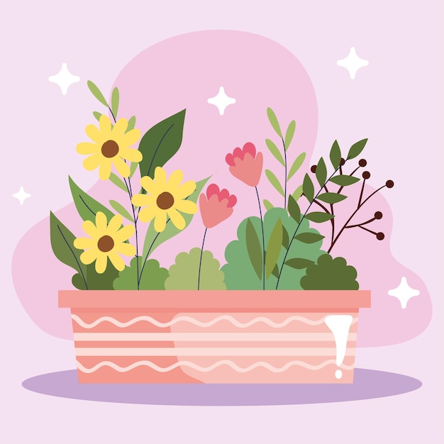 Beautiful flowers garden in ceramic pot and stars vector illustration design