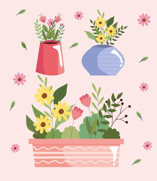 Bellissimo giardino di fiori in vasi e pentola illustrazione vettoriale design