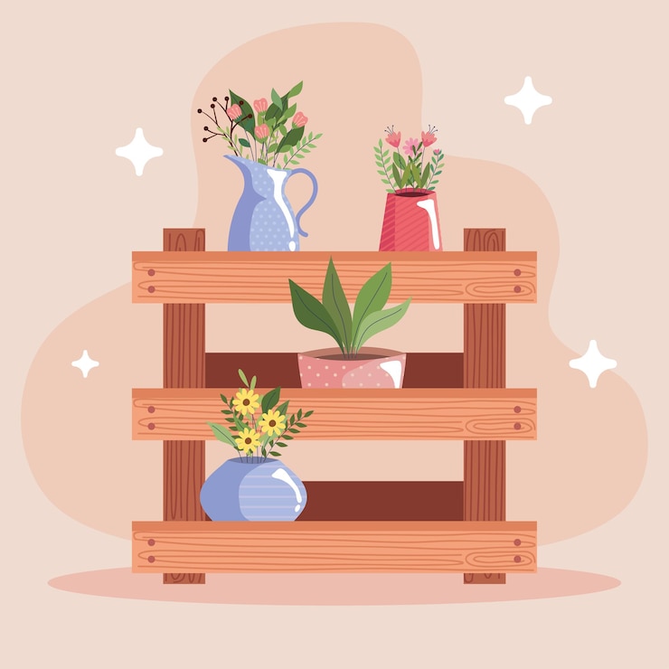 Vector beautiful flowers garden in vases over wooden shelf vector illustration design