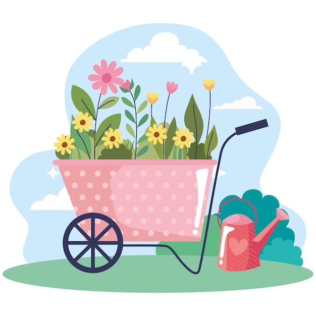 Vector beautiful flowers garden in wheelbarrow landscape scene vector illustration design