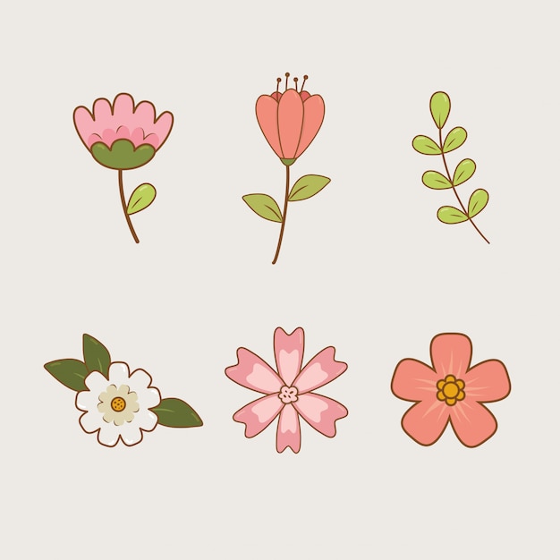 Beautiful flowers and leafs set icons