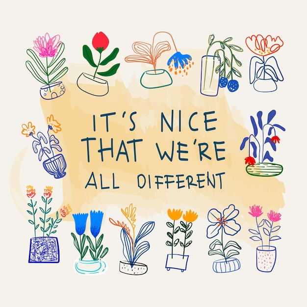 Vector beautiful flowers and plants on pots vases line art with textlettering hand drawn vector design