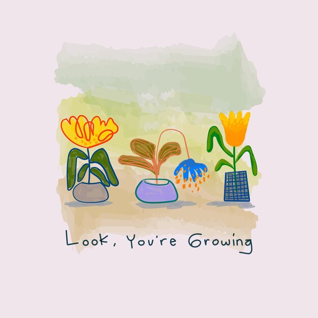 Vector beautiful flowers and plants on pots vases line art with textlettering hand drawn vector design