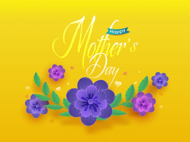 Beautiful flowers and text happy mother's day on yellow background