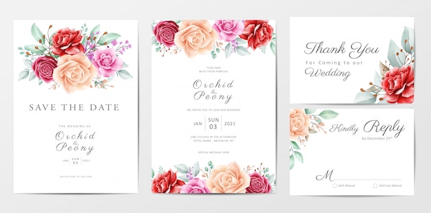 Beautiful flowers wedding invitation cards template set