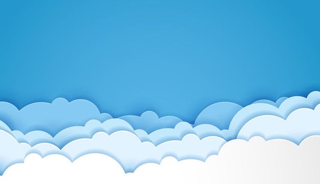 Beautiful fluffy blue clouds paper cut art style.  Place for text. vector design.