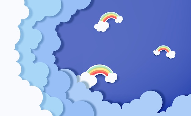 Vettore belle nuvole soffici sullo sfondo del cielo blu con arcobaleno illustrazione vettoriale stile di taglio della carta posto per il testo