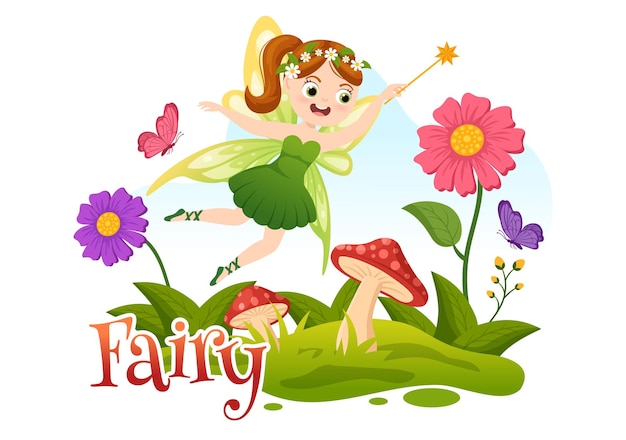 Beautiful flying fairy illustration with elf and green grass in flat cartoon hand drawn templates