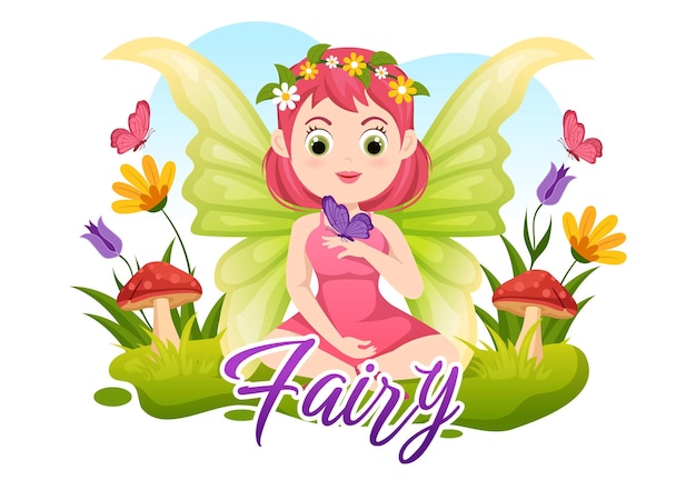 Beautiful Flying Fairy Illustration with Elf and Green Grass in Flat Cartoon Hand Drawn Templates