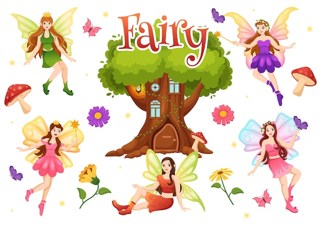 Beautiful Flying Fairy Illustration with Elf and Green Grass in Flat Cartoon Hand Drawn Templates