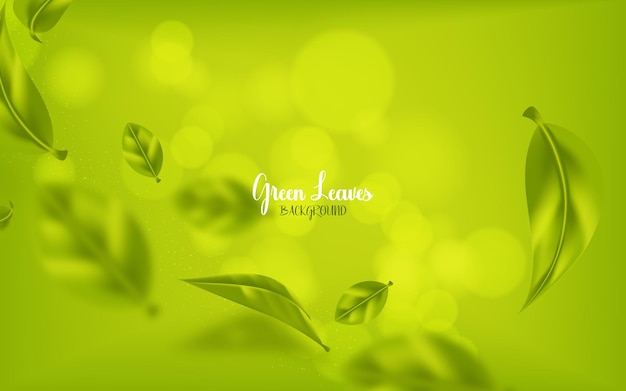 Beautiful flying green tea leaf realistic 3d background